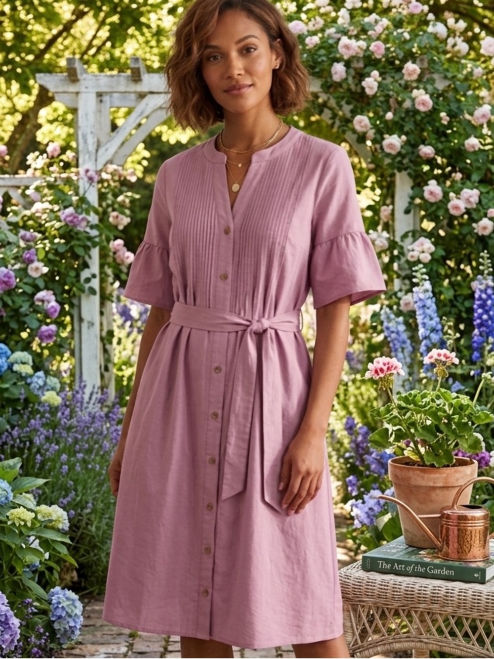 Polagram NWT Mauve Linen Blend Midi Dress Small | Ruffle Sleeve Button Front